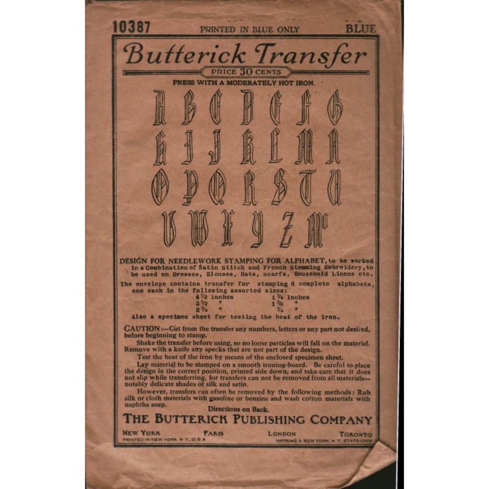 Vintage Butterick Transfer 10387 Alphabet Embroidery Iron On Sewing Pattern Blue